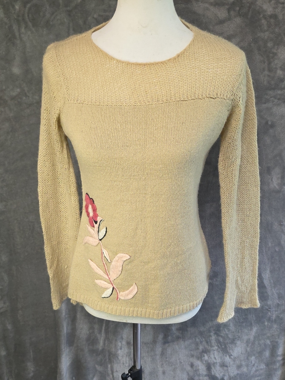 Wooden Ships Beige Crewneck Sweater with Pink Floral Appliqué
